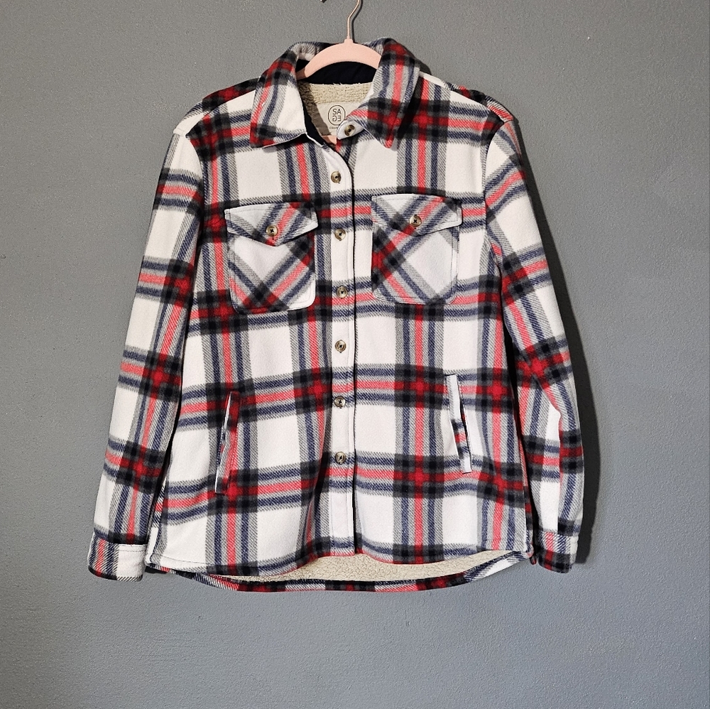 SAGE red blue white PLAID FLEECE JACKET SIZE M